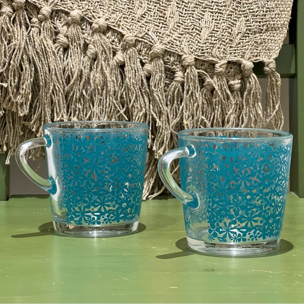 IKEA Godta Blue Floral Glass Mugs Set of 2